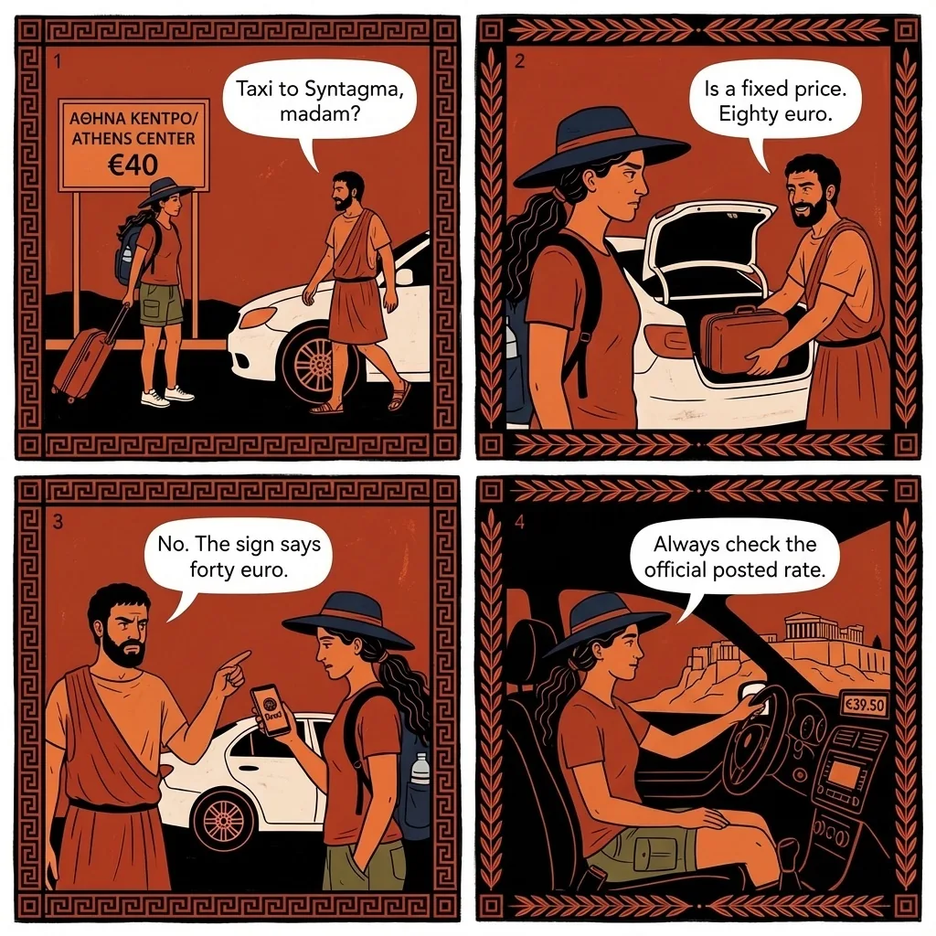 Athens Airport & Piraeus Cruise Port Taxi Overcharge — comic illustration