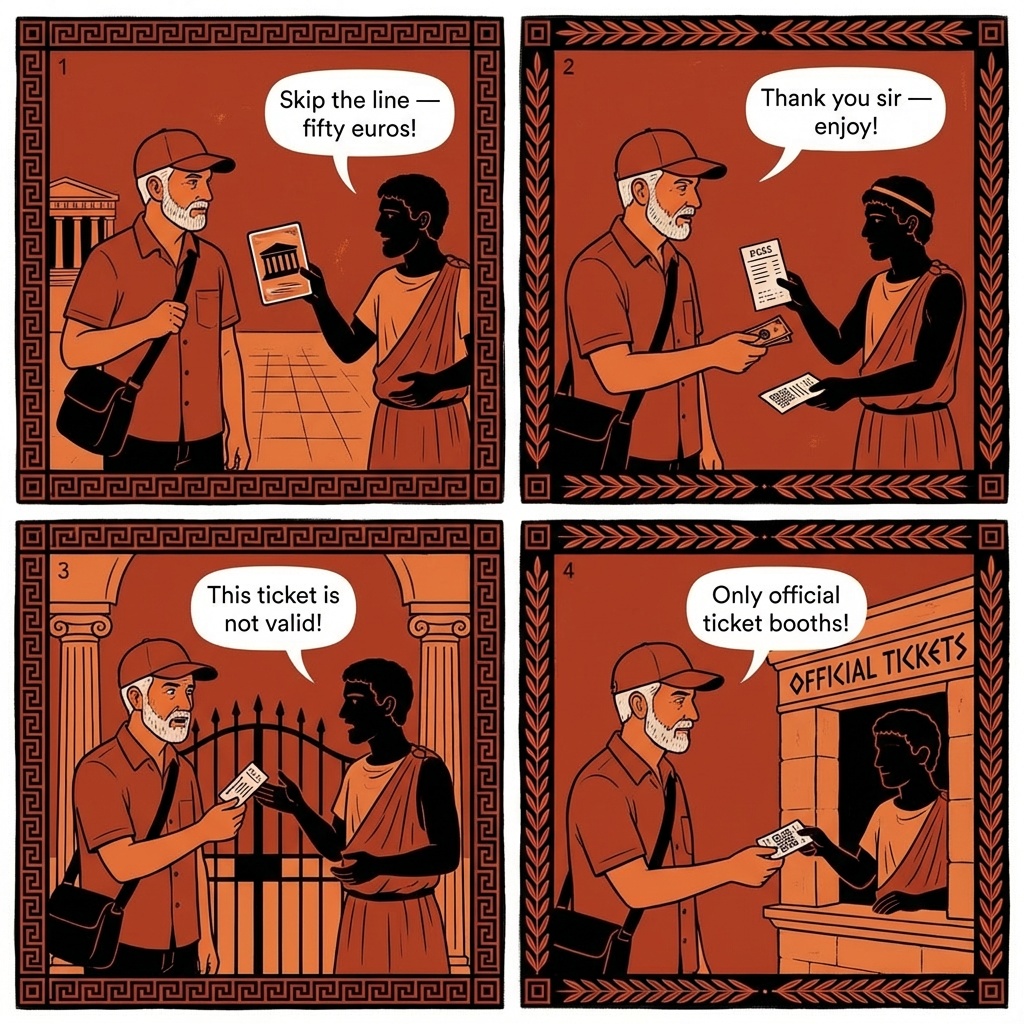 Athens Plaka and Acropolis approach friendship bracelet comic, tourist climbing the steps approached by a group of men with colored strings