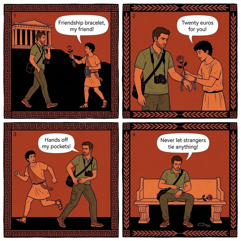 Friendship Bracelet & Rose Distraction Theft — comic illustration