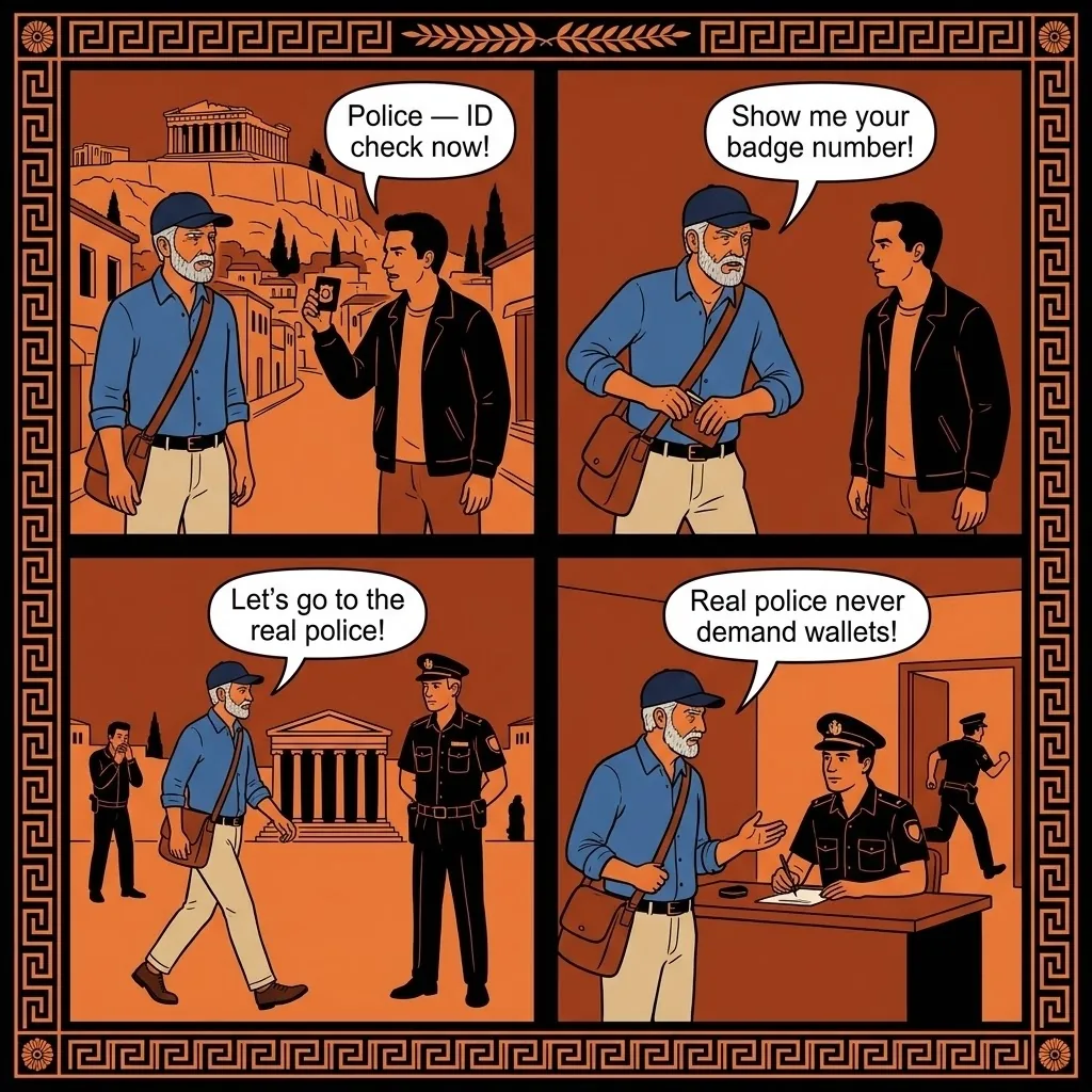 Fake Police 'ID Check' Pickpocket — comic illustration