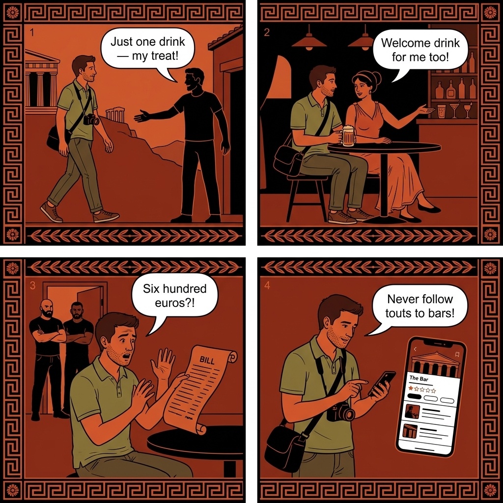 Athens Plaka taverna comic, tourist looking at two menus side by side, Acropolis visible above the rooftops