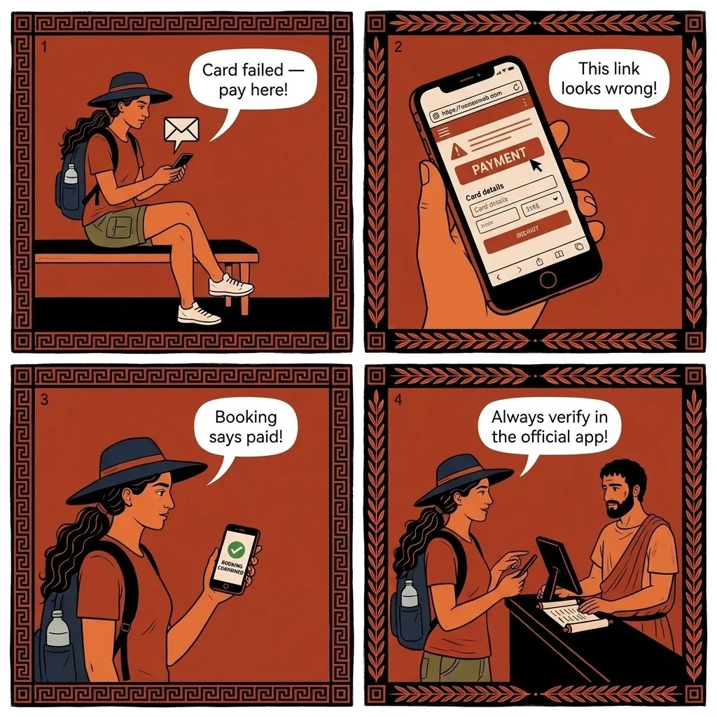 Hotel & Booking Off-Platform Payment Fraud — comic illustration