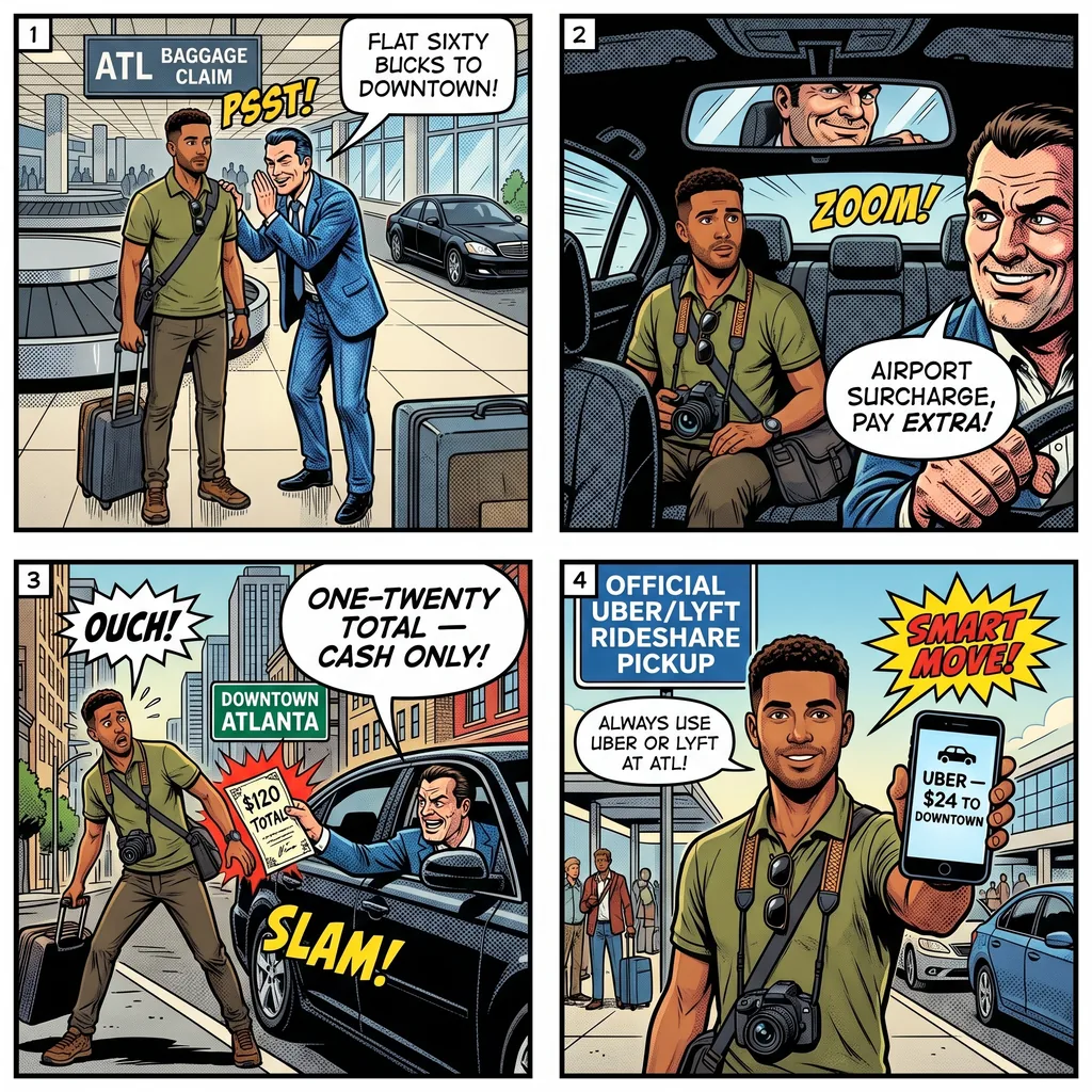 Hartsfield-Jackson Airport Rideshare & Taxi Scams — comic illustration