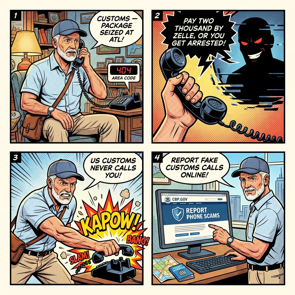 'US Customs and Border Protection' Phone Scam — comic illustration