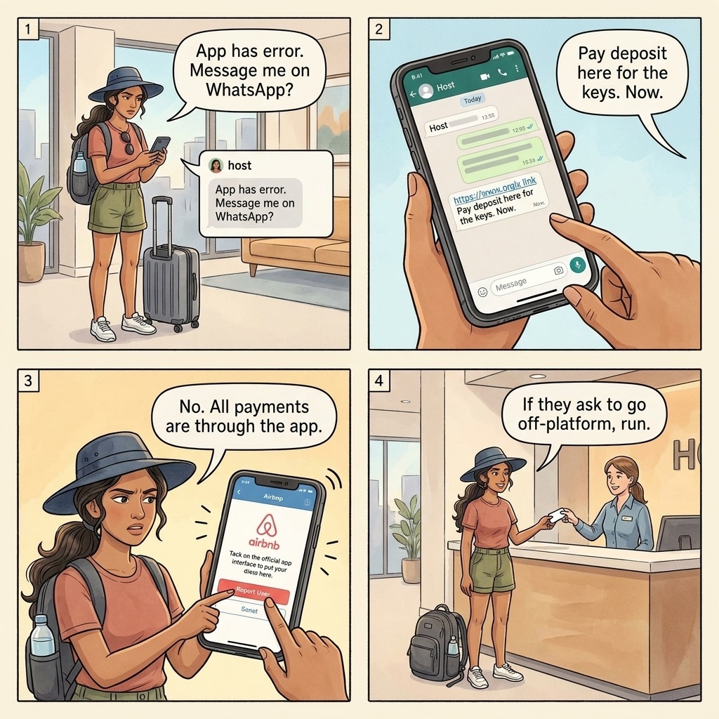 Airbnb off-platform and phantom listing fraud four-panel comic illustration: tourist arriving at a Buenos Aires Palermo Soho address with rolling luggage, the apartment number that does not exist on the building, the host who has stopped responding on WhatsApp, and the Airbnb support chat