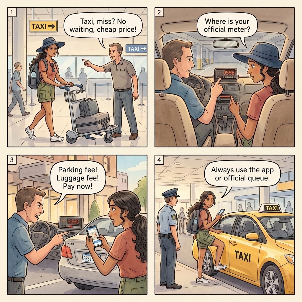 Airport arrival scam four-panel comic illustration: meet-and-greet tout in arrivals hall, fake-tax collector, currency exchange counter, official taxi rank counter inside the terminal