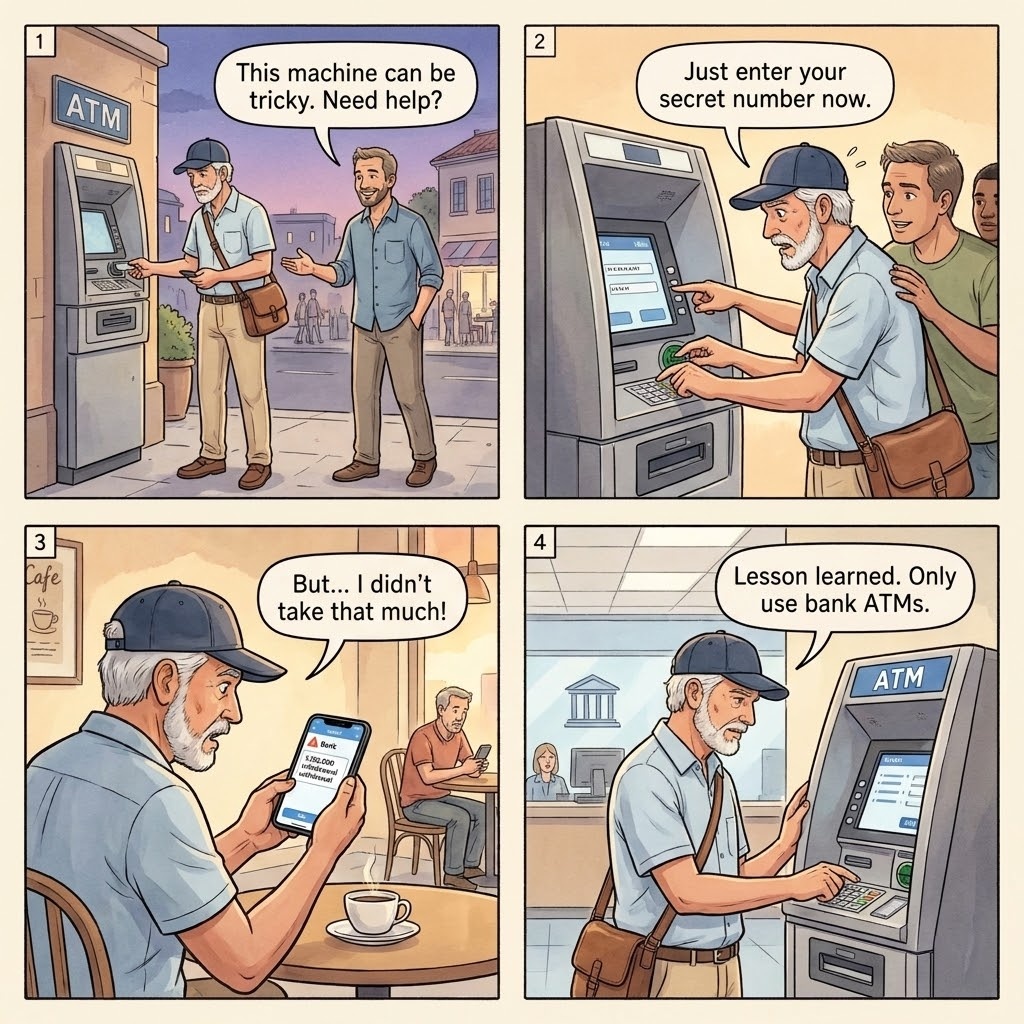 ATM skimming and card cloning four-panel comic illustration: tourist at a Paris standalone ATM, a stranger approaching with a dropped bill while an accomplice watches the keypad, a skimmer overlay on the card slot, and the cloned-card alert on a phone screen the next morning