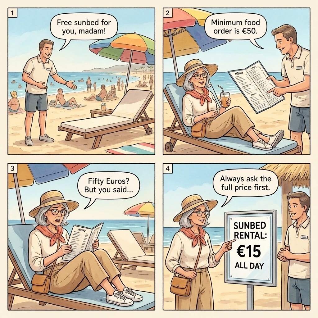Mykonos Paradise Beach: a tourist couple on rented loungers under a branded umbrella, the bill arriving at the lounger with line items showing lounger 30 EUR plus minimum-spend top-up 240 EUR for two.