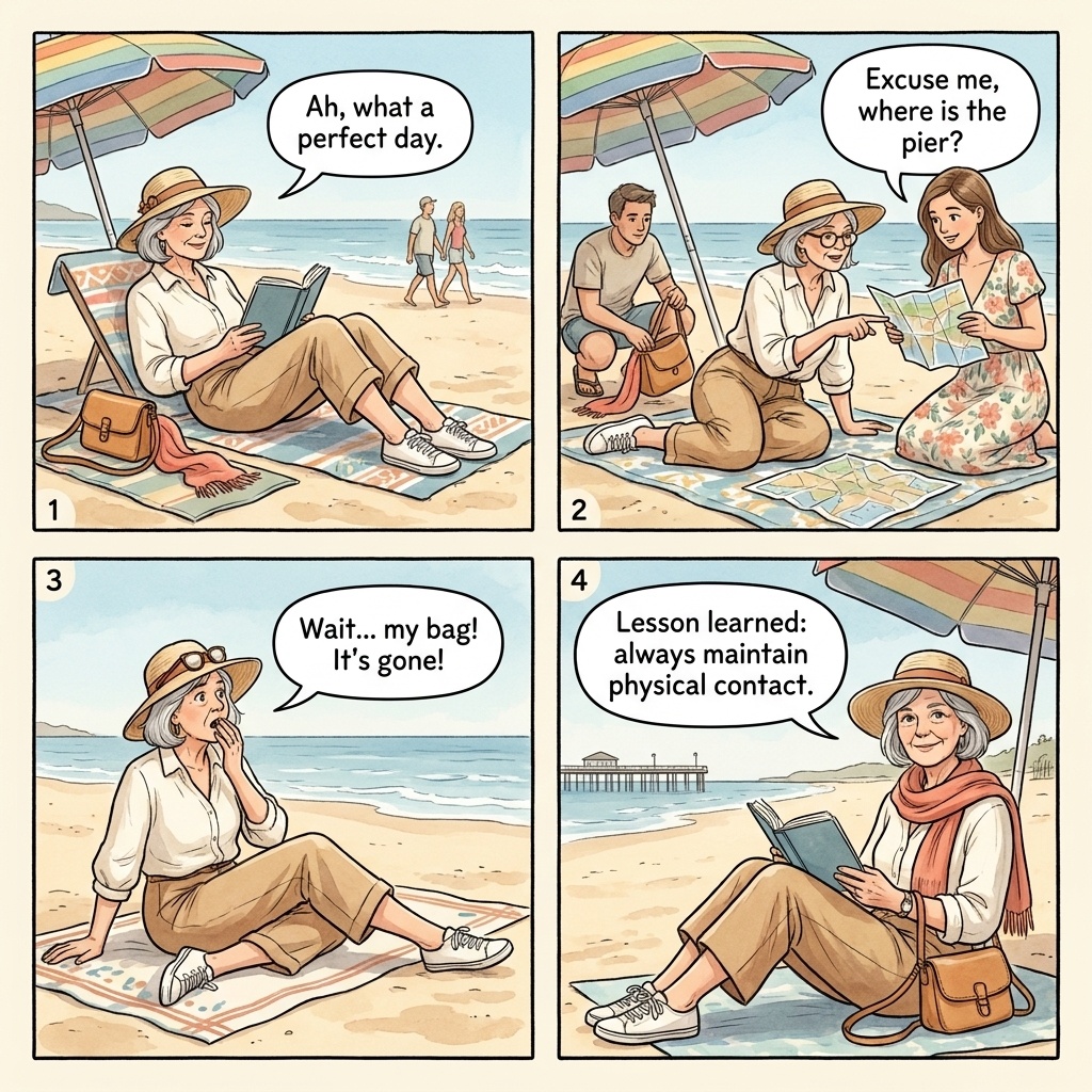 Barceloneta beach: a tourist swimming in the Mediterranean while a stranger walks past her unattended beach bag and lounger, lifting the bag in motion, the Sagrada Familia silhouette barely visible in the background haze.