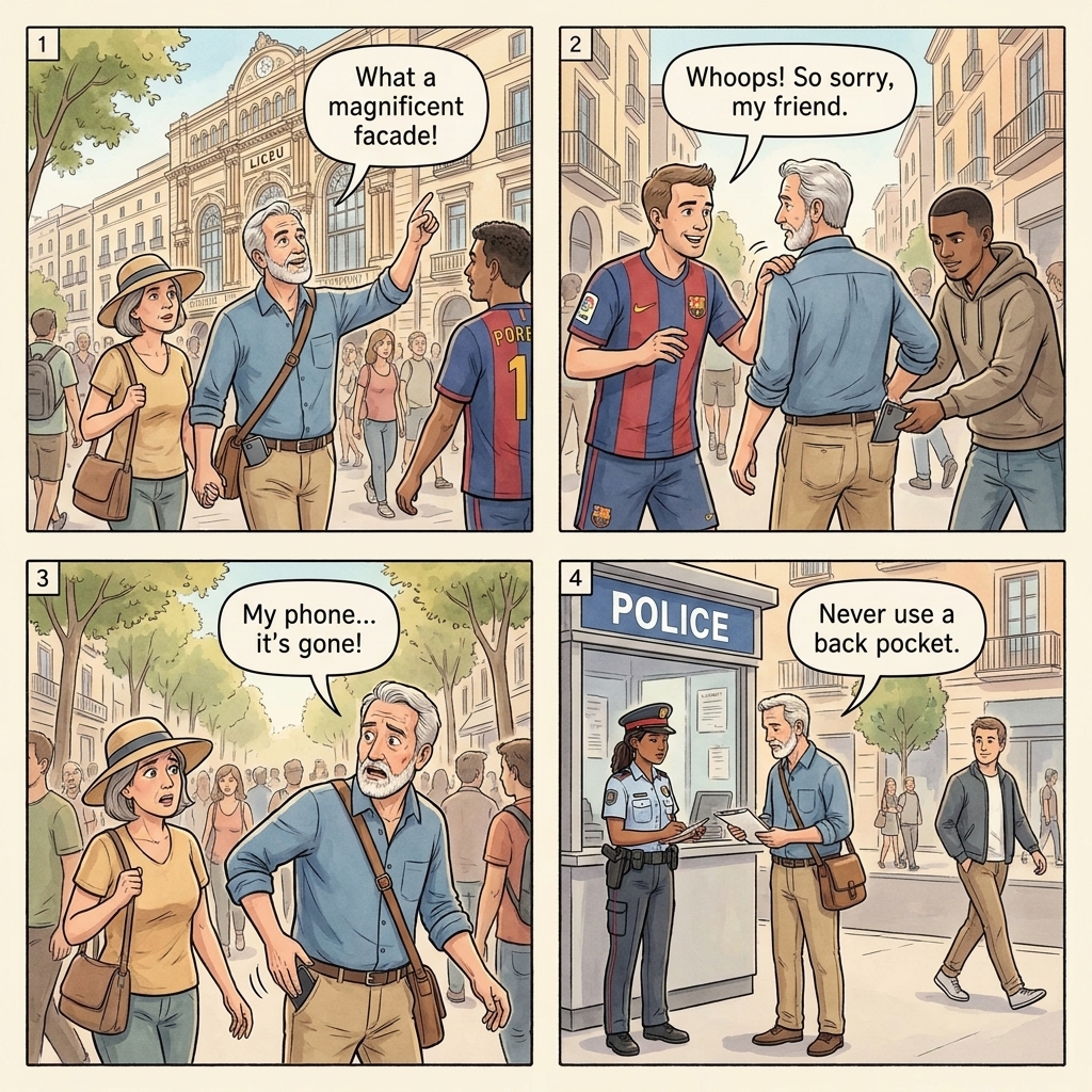 Bump-and-lift distraction four-panel comic illustration: a Barcelona Las Ramblas pedestrian crowd with a tourist couple walking, an operator brushing shoulder while a partner walks past in opposite direction lifting from the back pocket, a Rome metro doorway-press during the door-closing moment with a partner lifting from an open bag, and the front-pocket-and-eye-contact defense shown by another tourist couple with wallet in deep front pocket and bag worn across body in front with hand on the zipper, eye contact with anyone within 1 meter