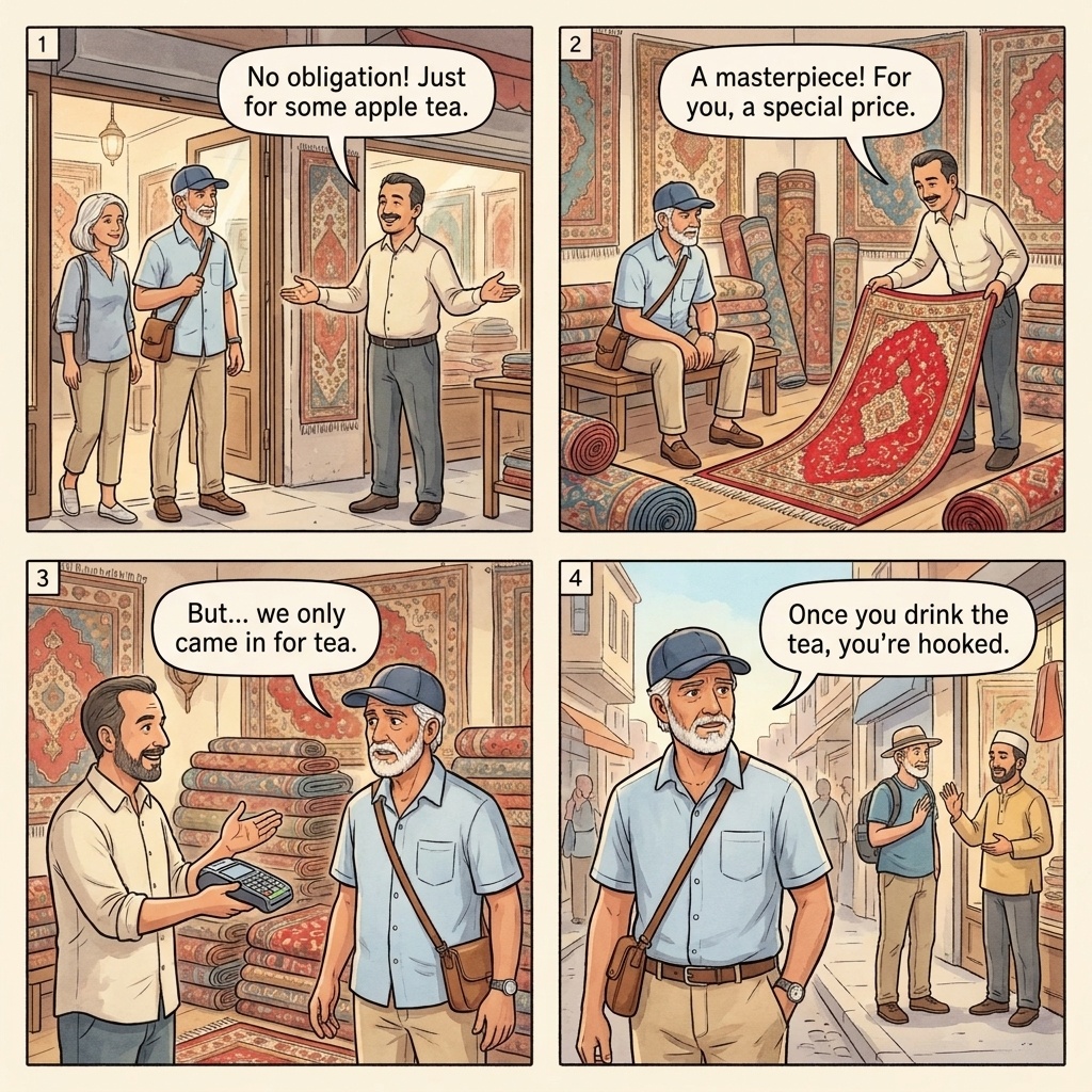 Carpet shop high-pressure sale four-panel comic illustration: Sultanahmet hotel concierge handing tourist a carpet-shop business card with a wink, the shopkeeper in an Istanbul Grand Bazaar showroom unrolling carpets across the floor for a seated tourist couple drinking apple tea, the shopkeeper running an AmEx card for a 3000 USD closing transaction with theatrical discount theater, and the zero-purchase defense shown by another tourist couple at the door declaring sadece bakiyorum bugun bir sey almayacagim before entering.