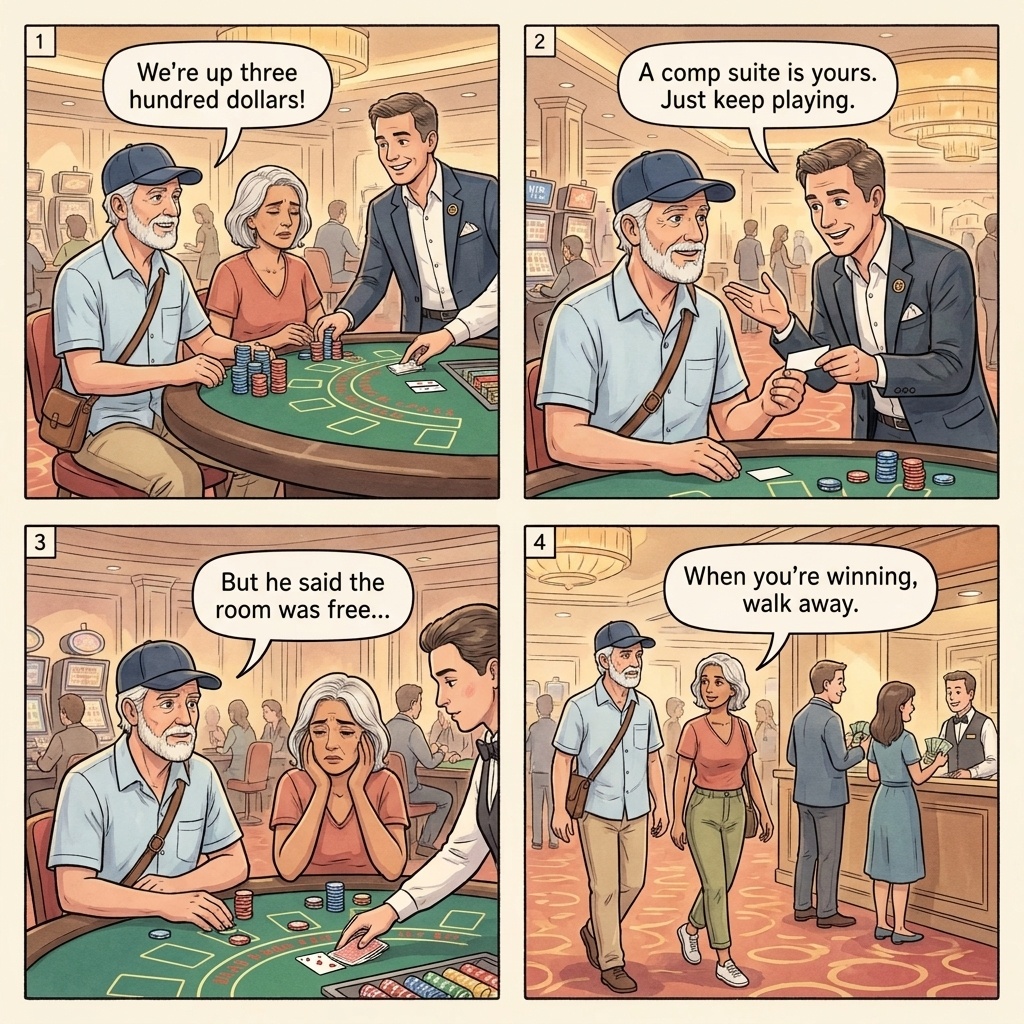 Casino tourist-trap hustle four-panel comic illustration: a Las Vegas Strip slot-machine row with a tourist distracted by a cocktail-waitress drink delivery while another patron lifts the slot-cup from the cabinet, a Macau VIP junket room with high-stakes baccarat dealer and minimum-bet placard, a Marina Bay Sands cashier-cage with currency-conversion sign showing markup over Singapore-bank rate, and the pre-set-loss-limit defense shown by another tourist couple at the cashier cage cashing out their remaining chips and walking out of the casino