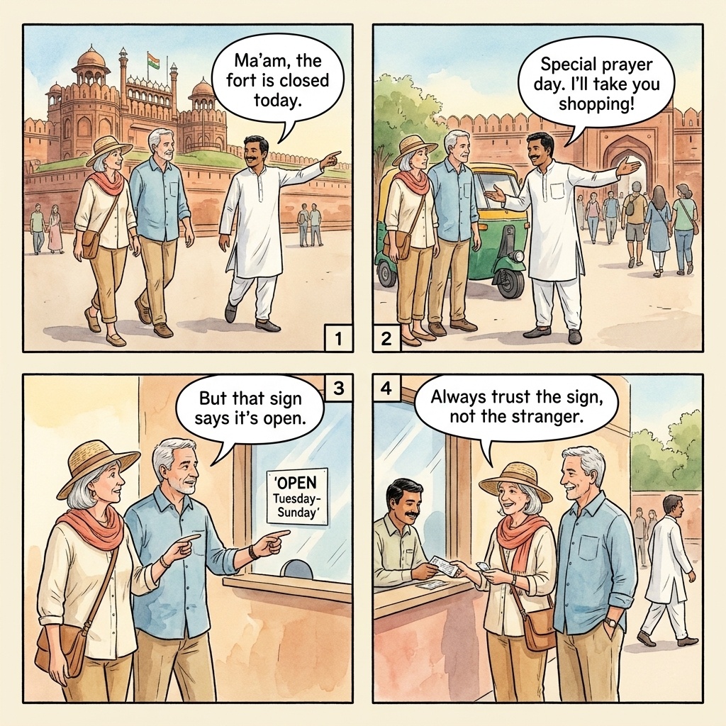 Closed attraction redirect tout four-panel comic illustration: a tout in white kurta intercepting tourists at Delhi Red Fort claiming closed for prayer, the tourists following him to an auto-rickshaw, the auto-rickshaw stopping at a Connaught Place government emporium with carpet displays, and the verify-at-the-gate defense shown by another couple walking directly to the genuine Lal Qila ticket counter.