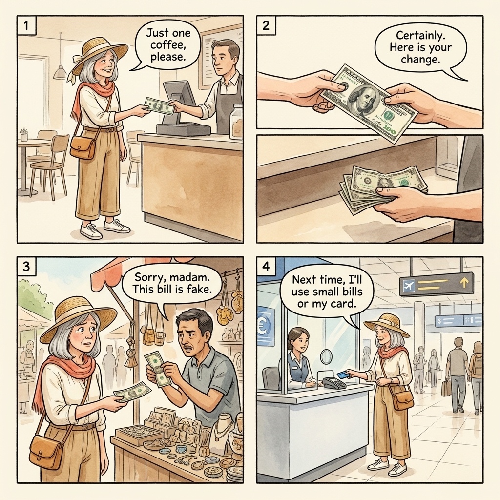 Counterfeit currency returned as change four-panel comic illustration: a tourist hands a 1,000-peso note to a Buenos Aires taxi driver, the driver palms it and produces a counterfeit bill, the tourist counts the stack at the hotel and finds three flat papery notes, and a Western Union sign on Plaza San Martín shows the safer alternative