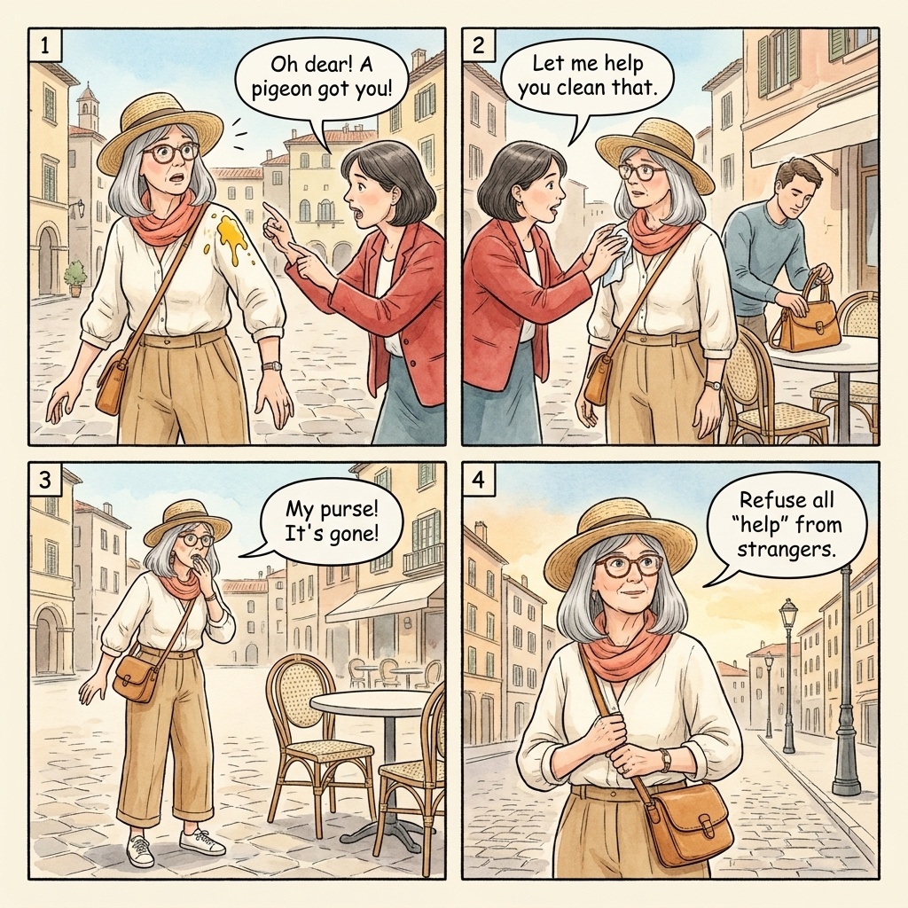 Distraction theft helpful-stranger family four-panel comic illustration: tourist in Microcentro with mustard squirted on the shoulder, a friendly stranger offering napkins, an accomplice approaching from behind, and the wallet gone before the stain is wiped