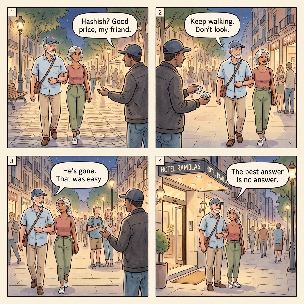 Fake drug deal tourist trap four-panel comic illustration: a Barcelona Las Ramblas pedestrian boulevard at night with a tourist couple walking past while a street operator approaches offering hash, the operator opening a small foil packet revealing dark substance heavily cut with henna and oregano, the same tourist couple after a hypothetical purchase being intercepted 50 meters down the street by a corrupt-police accomplice demanding 500 EUR cash bribe to avoid arrest, and the walk-away-and-ignore defense shown by another tourist couple silently walking past every street offer at normal pace without engagement