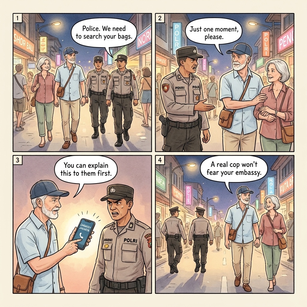 Fake drug-search police sting four-panel comic illustration: a Bali Kuta nightclub exit at 02:14 with a tourist couple stopped by an Indonesian police officer in real POLRI uniform demanding a bag search, the officer planting a small foil packet of marijuana into the tourist backpack while pretending to search, the officer demanding USD 1500 cash bribe to avoid arrest, and the embassy-call-no-bribe defense shown by another tourist couple phoning US Embassy Jakarta from a public Kuta street while remaining in CCTV view of the nightclub entrance, the operator retreating once the embassy is on the line