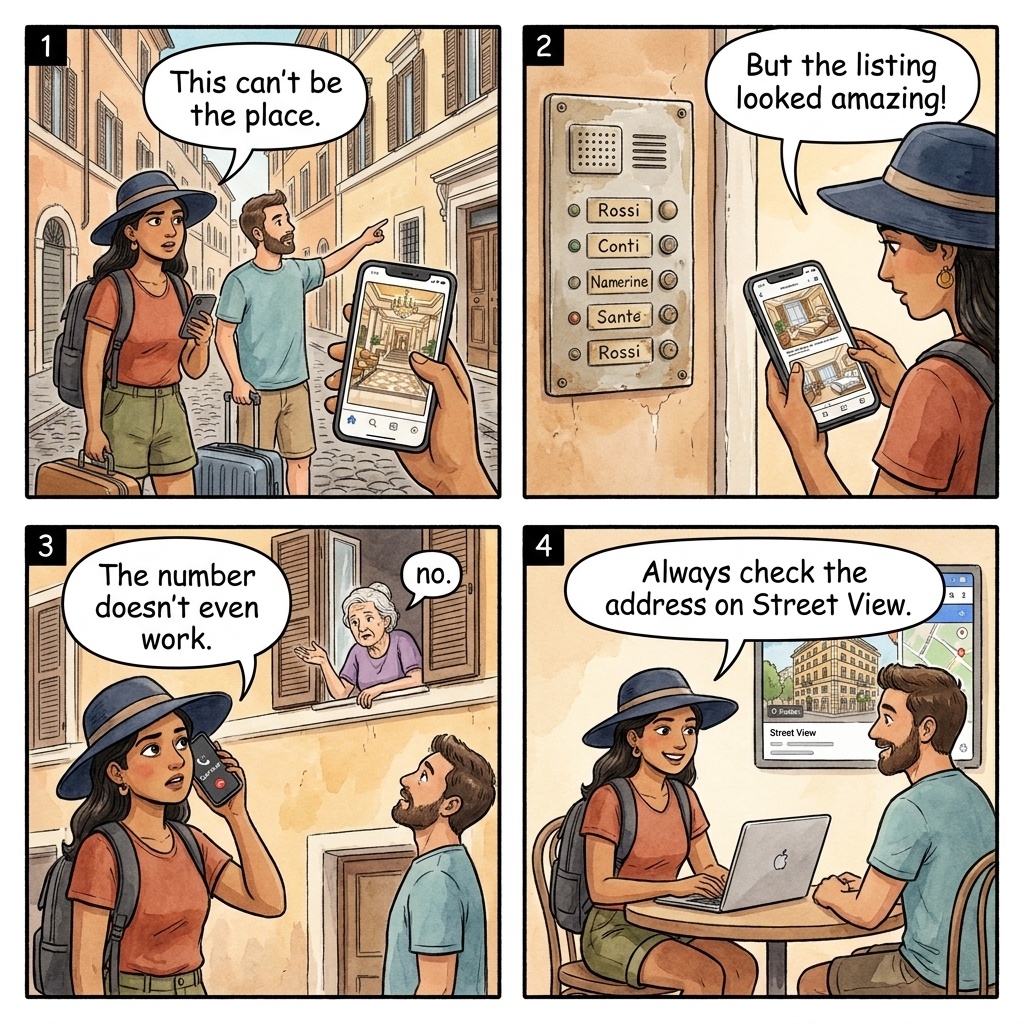 Fake hotel listing booking fraud four-panel comic illustration: a tourist couple in a Rome airport taxi looking at a Booking.com listing on a smartphone showing an ornate hotel lobby, the same couple standing in front of a residential apartment building at the listing address with rolling suitcases and confused expressions, the Booking.com Trust and Safety chargeback flow on a laptop screen with a refund-issued notification, and the multi-source verification defense shown by another tourist couple checking Google Street View, TripAdvisor, and the hotel direct website all matching the property before paying their deposit.