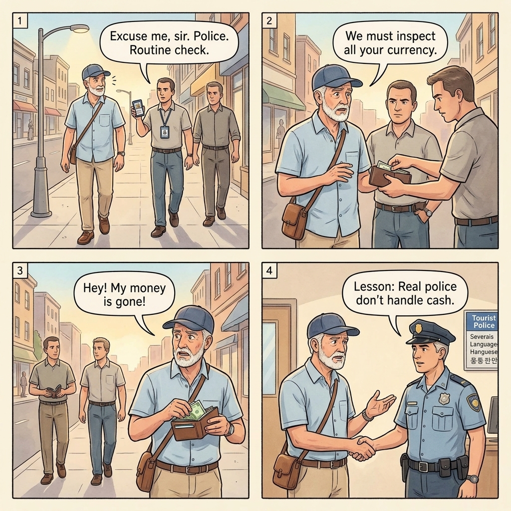 Fake police officer shakedown four-panel comic illustration: tourist on Puerta del Sol stopped by two plain-clothes men flashing a badge, the wallet inspection, the palm-swap of cash, and the moment of realization at the hotel