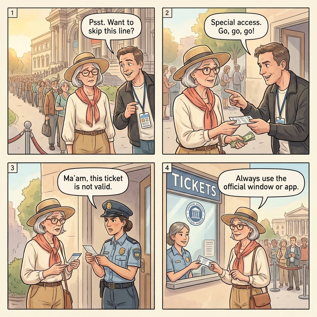 Fake skip-the-line tickets four-panel comic illustration: tourist outside the Vatican Museums queue, a tout with a laminated badge offering tickets, the cash exchange, and the gate guard rejecting the printout