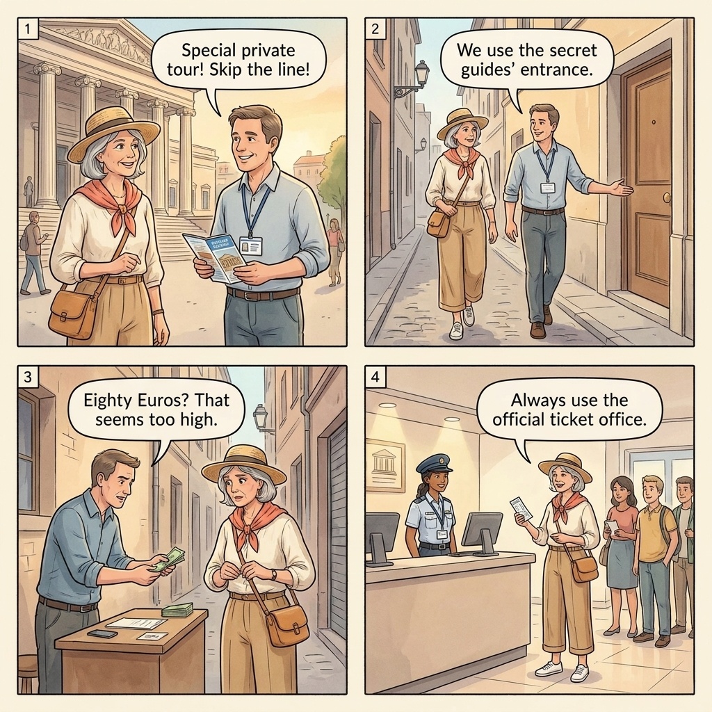 Fake and unlicensed tour guide four-panel comic illustration: tourist at the Giza Pyramid entrance approached by a man with a horse, the ride beginning at quoted 200 EGP, mid-trail demand for additional cash to return, and the licensed-guide alternative at a registered agency office