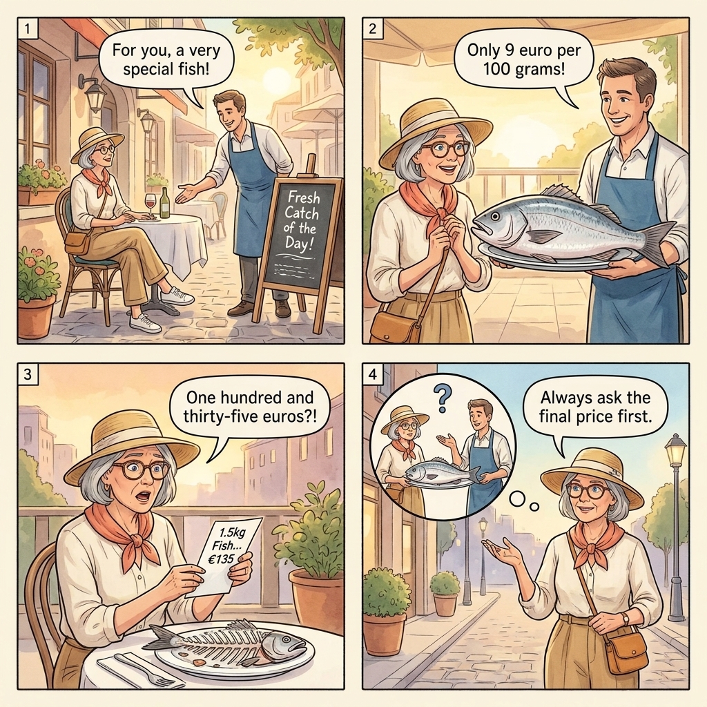 Cinque Terre seaside trattoria: a printed bill on a paper tablecloth showing pesce 156 EUR with the menu beside it showing orata 8 EUR al etto, a tourist couple staring at the bill while the server stands by.