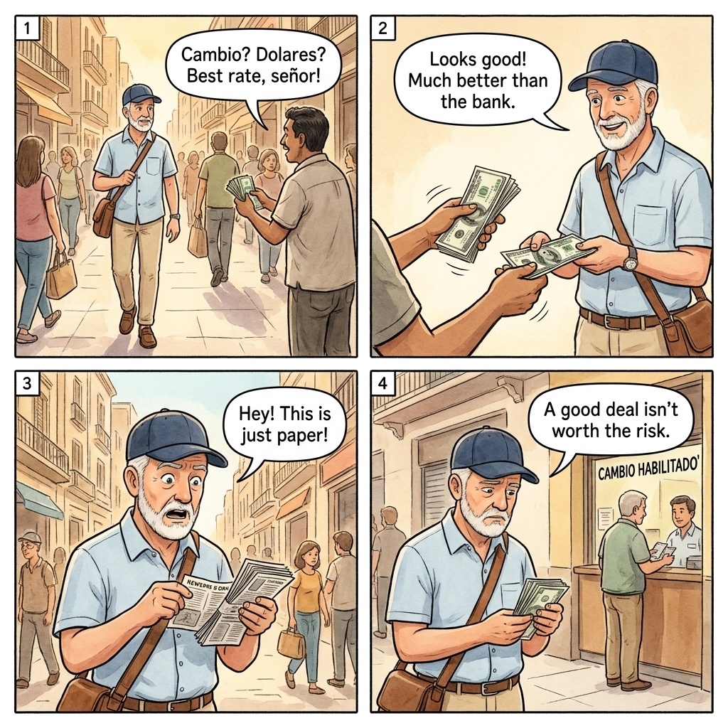 Buenos Aires Florida Avenue cambio hustle four-panel comic illustration: arbolitos calling CAMBIO CAMBIO DOLAR on Calle Florida, the tourist couple following one to a side-street cueva office, the cambio operator counting pesos and sliding two counterfeits into the stack mid-count, and the licensed-cambio defense shown by another tourist using a Banco Nacion ATM with displayed AFIP-authorized rate