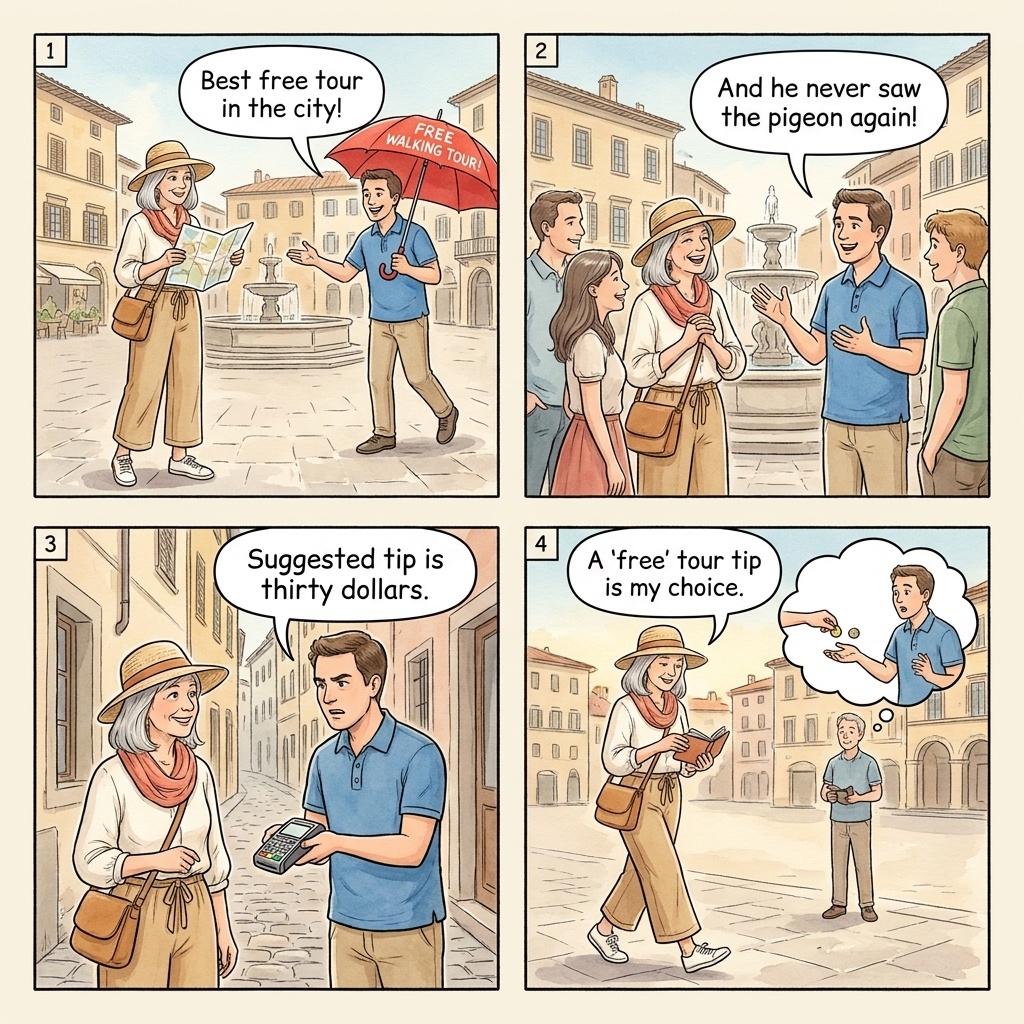 Free walking tour tip-extortion four-panel comic illustration: tour group at Berlin Brandenburg Gate listening to a guide closing speech with a 'standard tip' framing, the guide passing a hat in the group, an awkward private tip moment, and the guide naming a 20 EUR per person figure