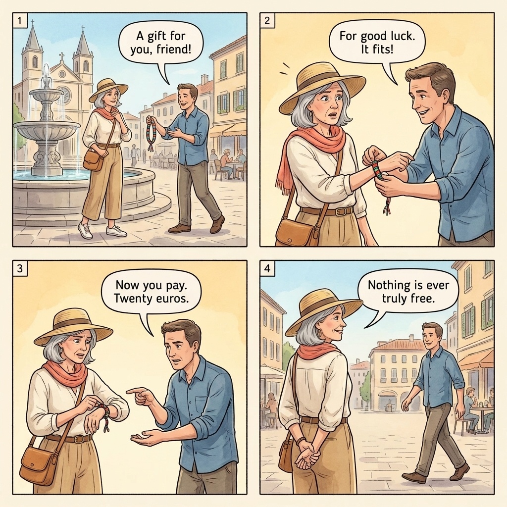 Friendship bracelet trap four-panel comic illustration: tourist on the Sacre-Coeur stairs in Paris with two men approaching with colored strings, a string wrapped on the wrist before refusal, a demand for payment, and the tourist walking away with the string still on