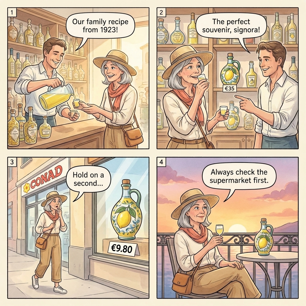 Limoncello tasting room upsell four-panel comic illustration: a Sorrento Corso Italia tasting room with a tourist couple sampling a tasting flight while the shopkeeper narrates Limone di Sorrento IGP origin story, the closing pressure for a 65 EUR limoncello bottle and 280 EUR six-bottle FedEx shipping bundle, the same couple finding the same bottle at a Conad supermarket two blocks away for 9 EUR, and the walk-in-supermarket-first defense shown by another tourist couple at the Conad checking the actual retail price before any tasting-room visit