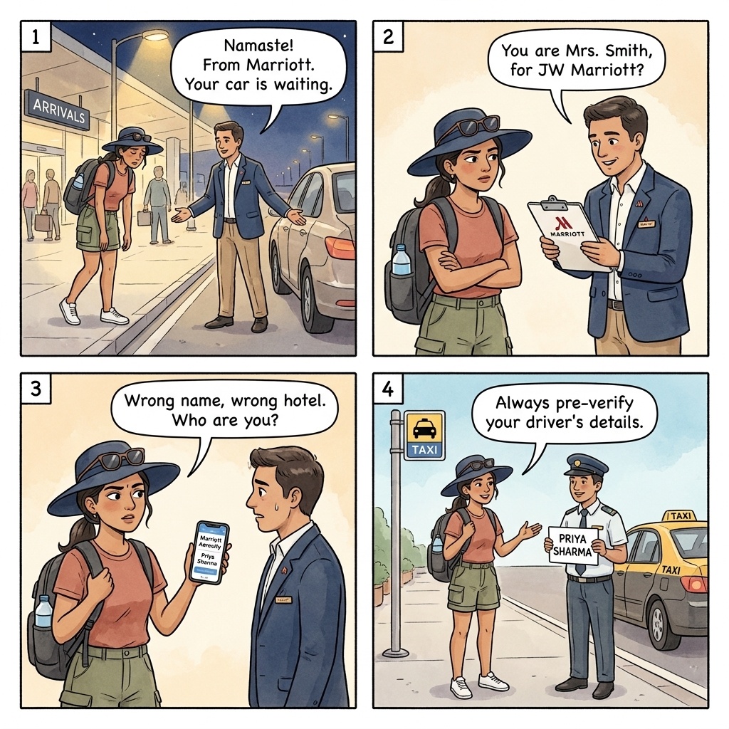 Meet-and-greet airport hustle four-panel comic illustration: a Delhi Indira Gandhi DEL airport arrivals hall with arriving tourists pulling rolling suitcases, an operator in a fake VIP-greeter vest holding a name card with a common Western first name approaching a tourist couple, the tourist couple agreeing to follow him toward a waiting unmarked car at the airport pickup area, and the pre-booked-greeter defense shown by another tourist couple at the airport-designated meeting point being greeted by a Welcome Pickups licensed driver wearing a uniform with company logo and matching their full name and flight details on a printed greeting card