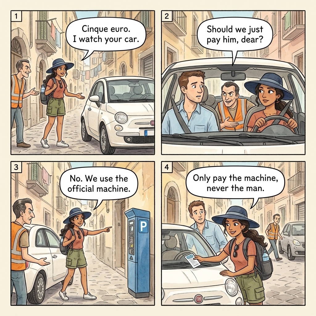Parking attendant extortion four-panel comic illustration: a Neapolitan parcheggiatore abusivo in fake high-vis vest approaching a tourist family unloading from their rental car on Spaccanapoli, the family handing over 5 EUR with reluctance, the parcheggiatore moving on to the next arriving car, and the pay-and-display defense shown by another tourist couple paying at the city blue-line parcheggio a pagamento machine and placing the ticket on the dashboard.