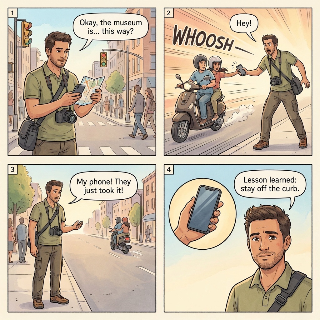 Motorcycle phone snatch four-panel comic illustration: tourist on a Saigon sidewalk holding up a phone for navigation, a passing motorbike with the rear passenger reaching, the snatch in motion, and the rider accelerating into traffic with the phone gone