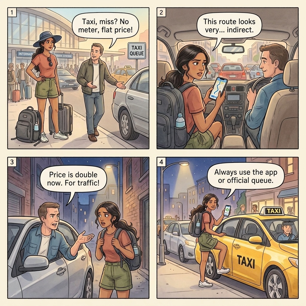 Pickpocketing tactics four-panel comic illustration: tourist daypack lift in metro crush, café bag grab from chair edge, festival crowd team coordination, and the placement defenses that work