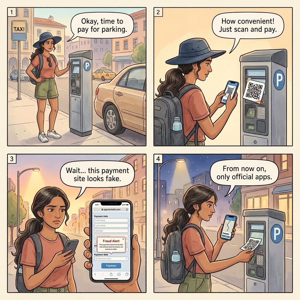 QR code quishing four-panel comic illustration: tourist scanning a parking meter QR sticker, a phishing payment page on the phone screen, the card-details entry, and the fraud alert later that night