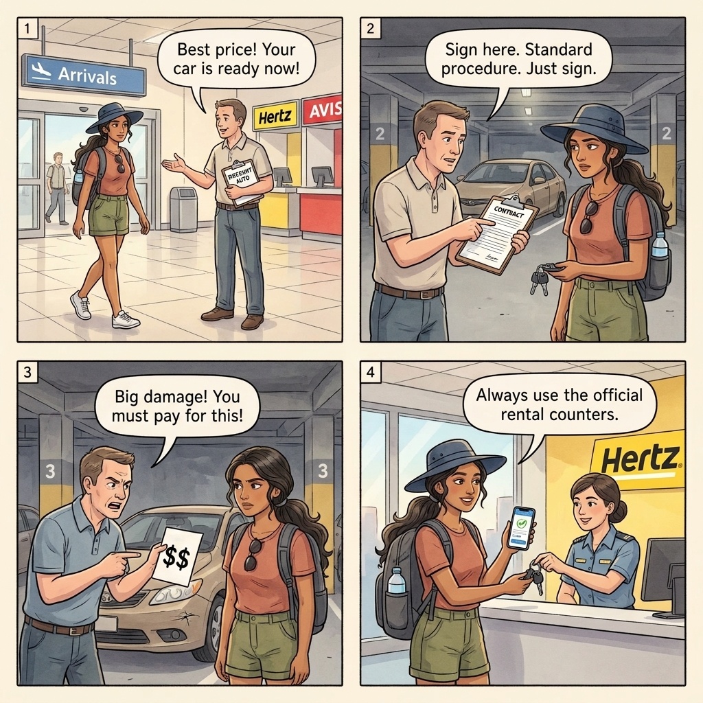 Rental car phantom damage four-panel comic illustration: tourist at a Costa Rica San Jose airport rental counter shocked at the mandatory-insurance bait-switch, walking around the car with phone video, the agent claiming phantom damage on return, and the credit card chargeback dispute