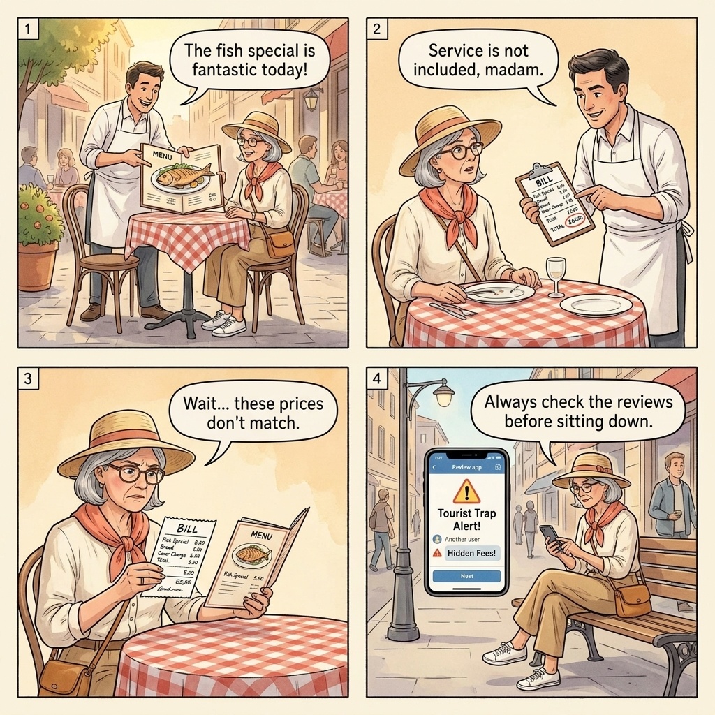 Restaurant bill padding four-panel comic illustration: tourist couple at trattoria table reviewing a bill, waiter pointing to coperto line, card terminal being run a second time, and the menu photo on a phone screen revealing the original prices
