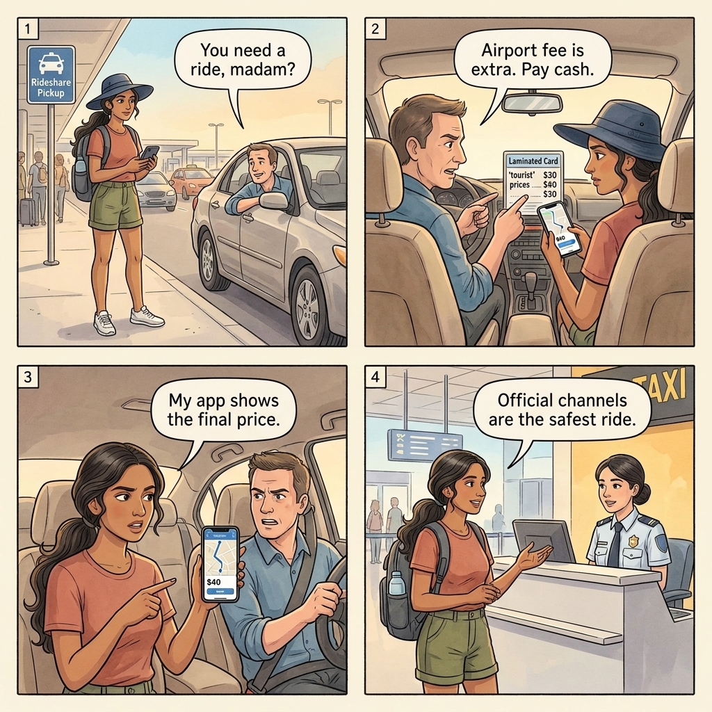 Rideshare fare inflation four-panel comic illustration: tourist outside a generic-international airport with smartphone showing the app fare, a driver demanding cash above that price, a license plate that does not match the app, and the in-app screenshot evidence