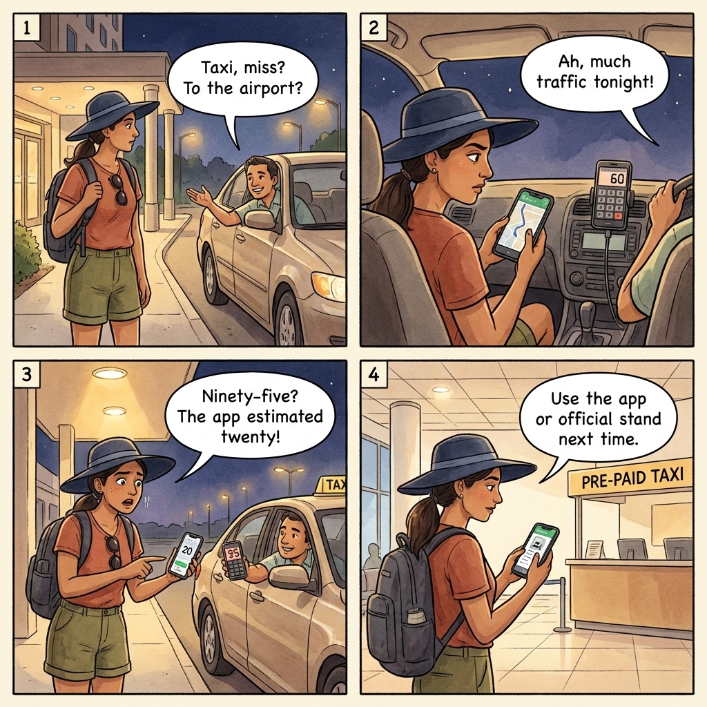 Taxi meter scam four-panel comic — cloned meter, long-route detour, counterfeit-bill swap, walk-away