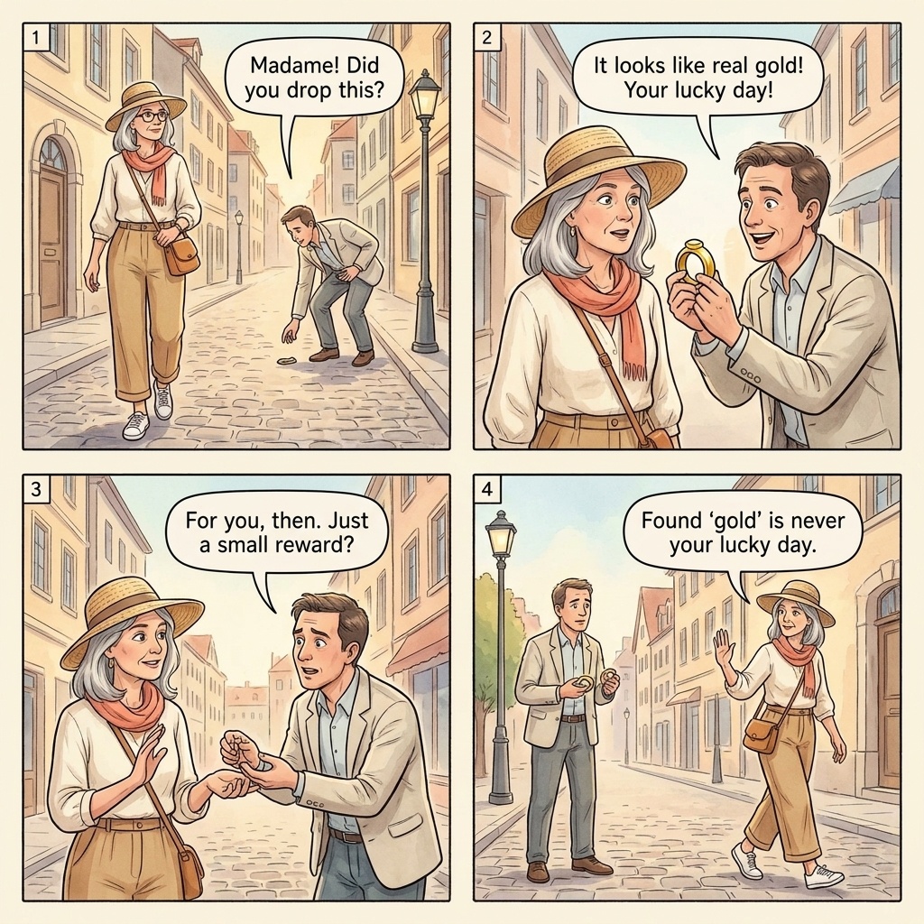 The Gold Ring Trick four-panel comic illustration: street operator on the Pont des Arts bends and 'finds' a brass ring at a tourist's feet, then offers it as a gift, then pivots to a euros-for-food request, then the brass-not-gold reveal