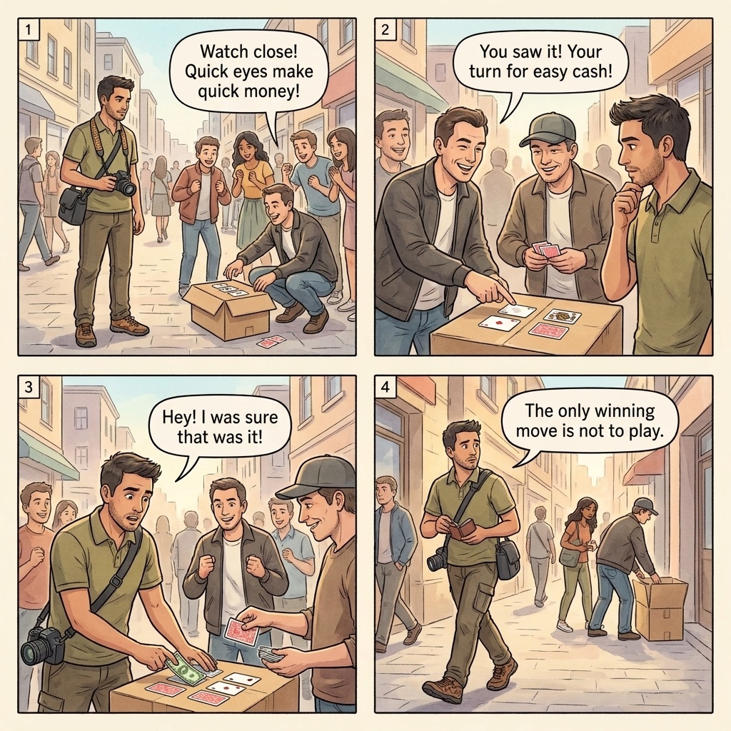 Three-card monte and shell game four-panel comic illustration: tourist on Oxford Street watching an operator with three face-down cards, the crowd of shills cheering a fake win, a lookout scanning for police with a phone, and the table folded and gone in five seconds when the patrol approaches