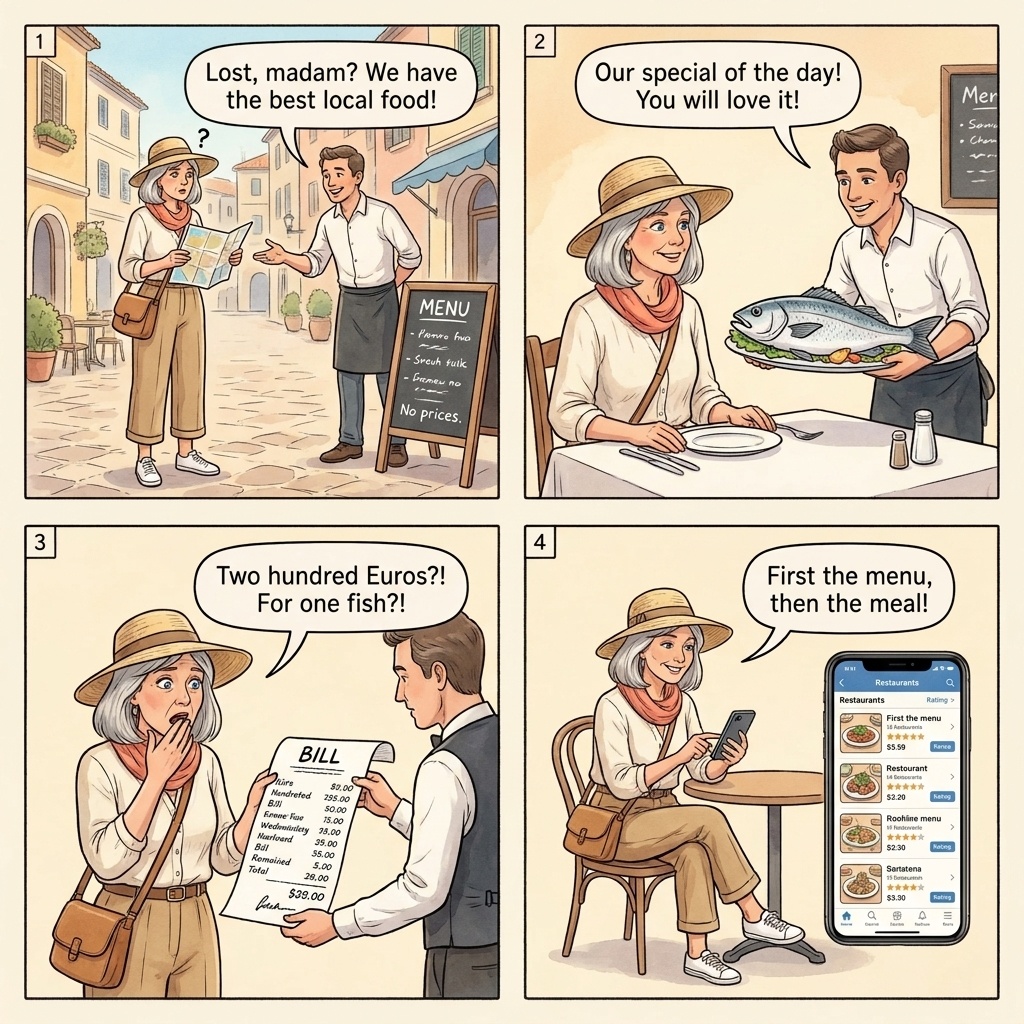 Tourist-trap restaurant four-panel comic illustration: tourists at a Venice rio-side trattoria with a 1.3kg orata being weighed, a chalkboard menu with no prices, a waiter bringing the bill, and the 142 EUR total