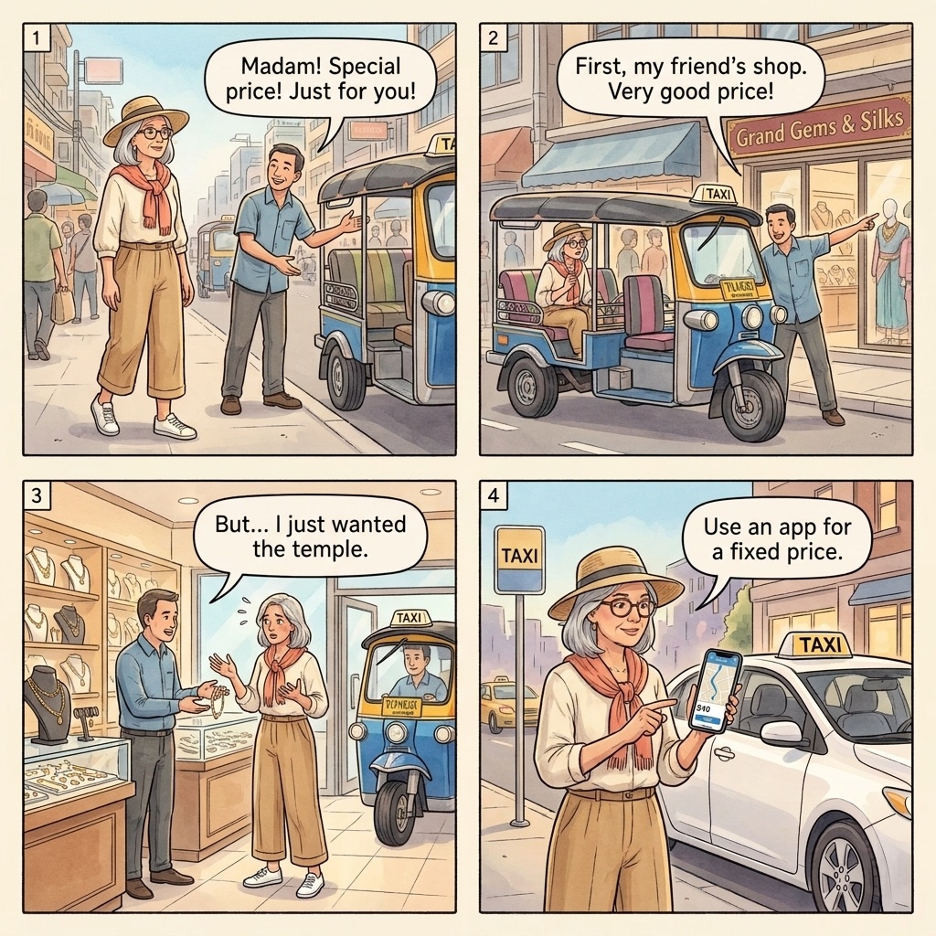 Tuk-tuk and rickshaw detour scam four-panel comic illustration: a 'palace officer' tells the tourist the Grand Palace is closed today, a tuk-tuk waits with a 20-baht price, a back-room gem-shop salesman pours tea, and the tourist walks out with a polyester suit receipt for 17,500 baht