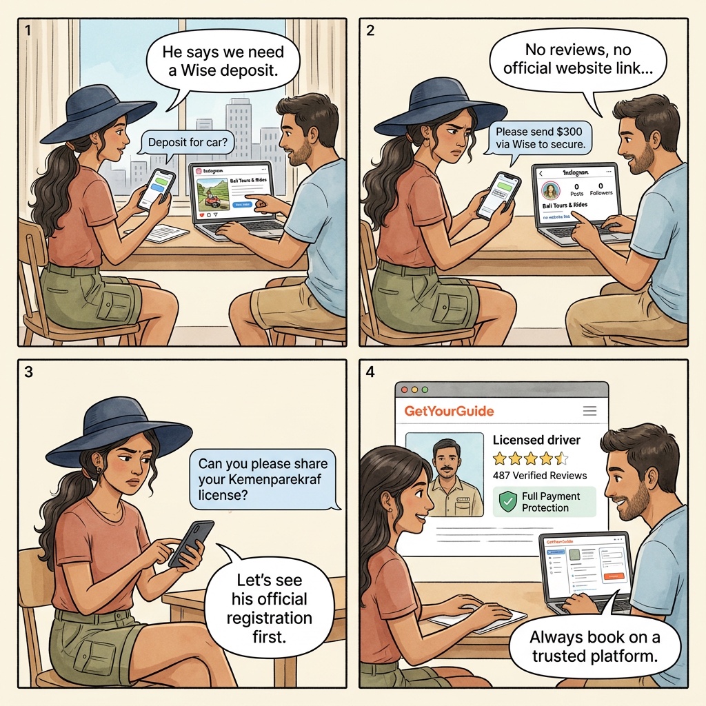 WhatsApp fixer deposit fraud four-panel comic illustration: a tourist couple on a laptop browsing an Instagram travel-package ad for a Bali Ubud rice-terrace tour at 180 USD per person, the same couple in WhatsApp messaging with a self-described local guide who sends booking screenshots and requests Wise transfer of a 50 percent deposit, the WhatsApp number going silent two days before arrival with no driver appearing at the Bali hotel, and the platform-only-payment defense shown by another tourist couple booking the same Bali Ubud rice-terrace tour through GetYourGuide with full chargeback protection