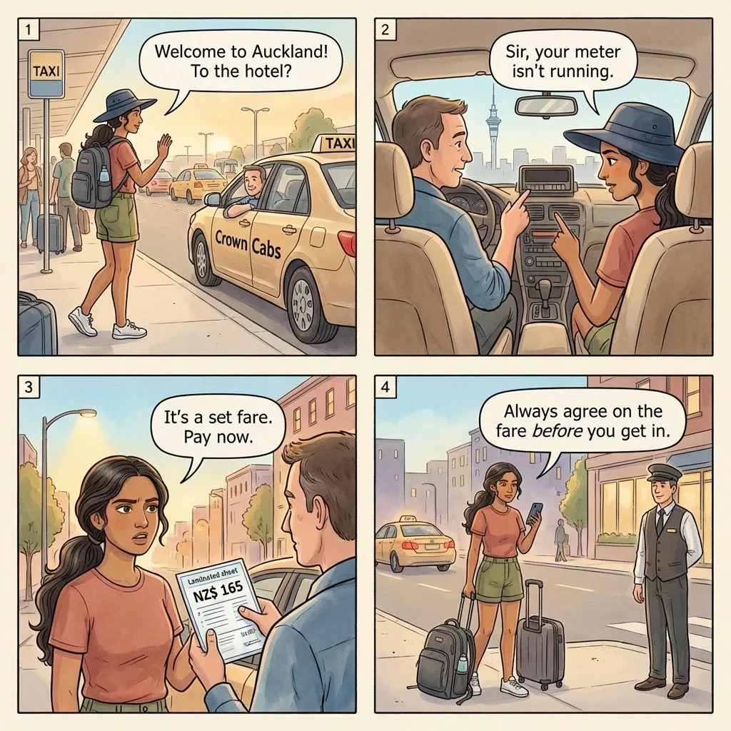 Crown Cabs Unmetered Airport Taxi Overcharge — comic illustration