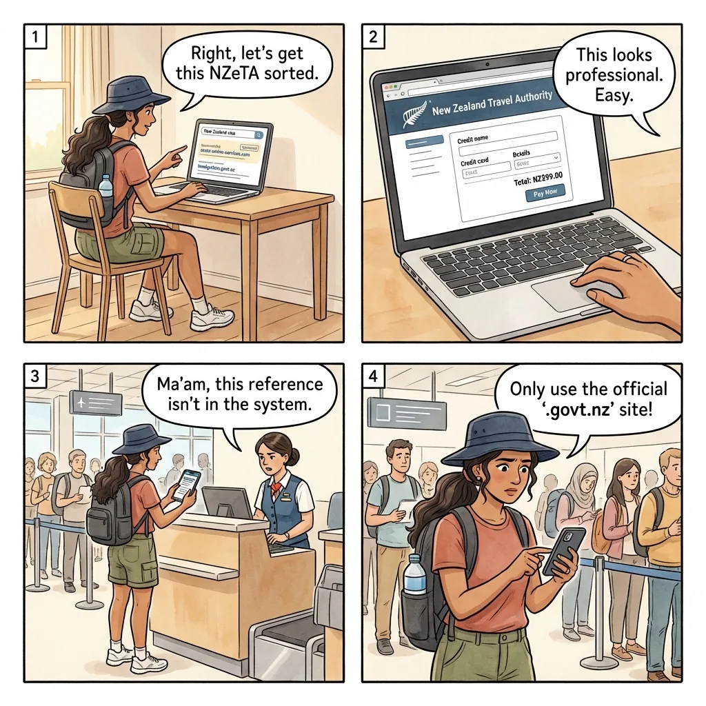 NZeTA Fake-Visa-Site Tourist Application Overcharge — comic illustration