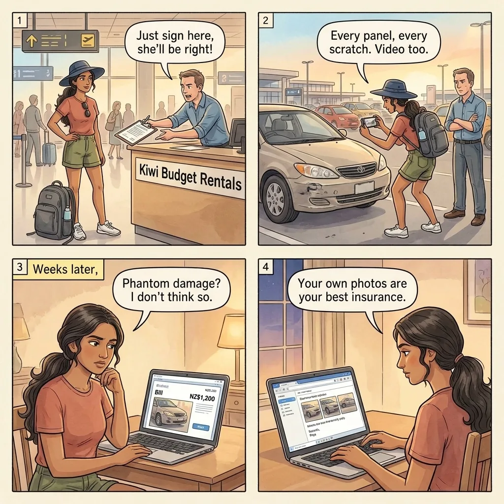 Rental Car Phantom Damage Charge After Drop-Off — comic illustration