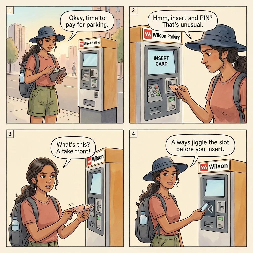 ATM Card Skimming on Auckland Cash and Parking Machines — comic illustration