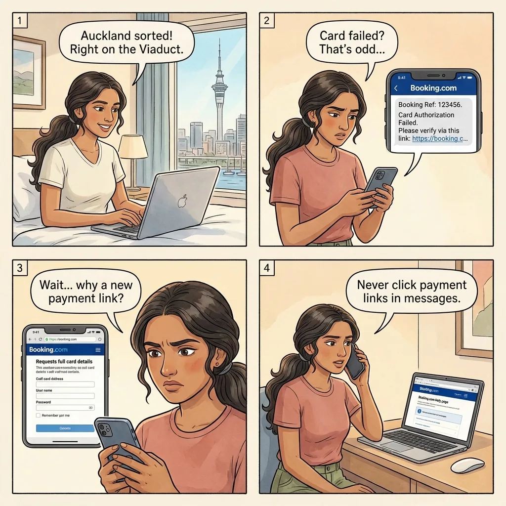 Booking.com Reservation Hijack Phishing After Auckland Stay — comic illustration
