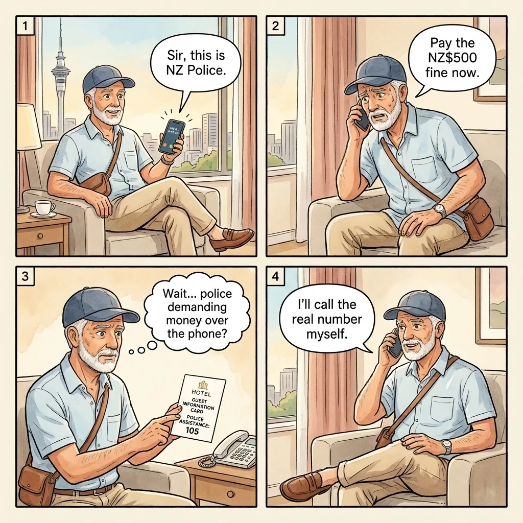 Fake NZ Police Call and Text Tourist Fine Scam — comic illustration
